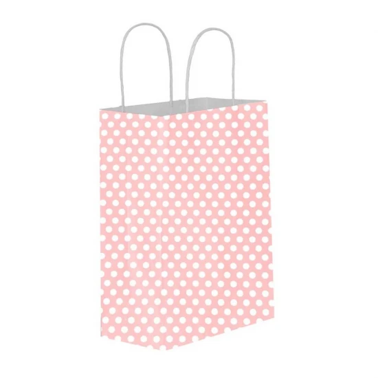 Puantiyeli Pembe Kağıt Hediye ve Alışveriş Çantası (31x12x41) 25 Adet