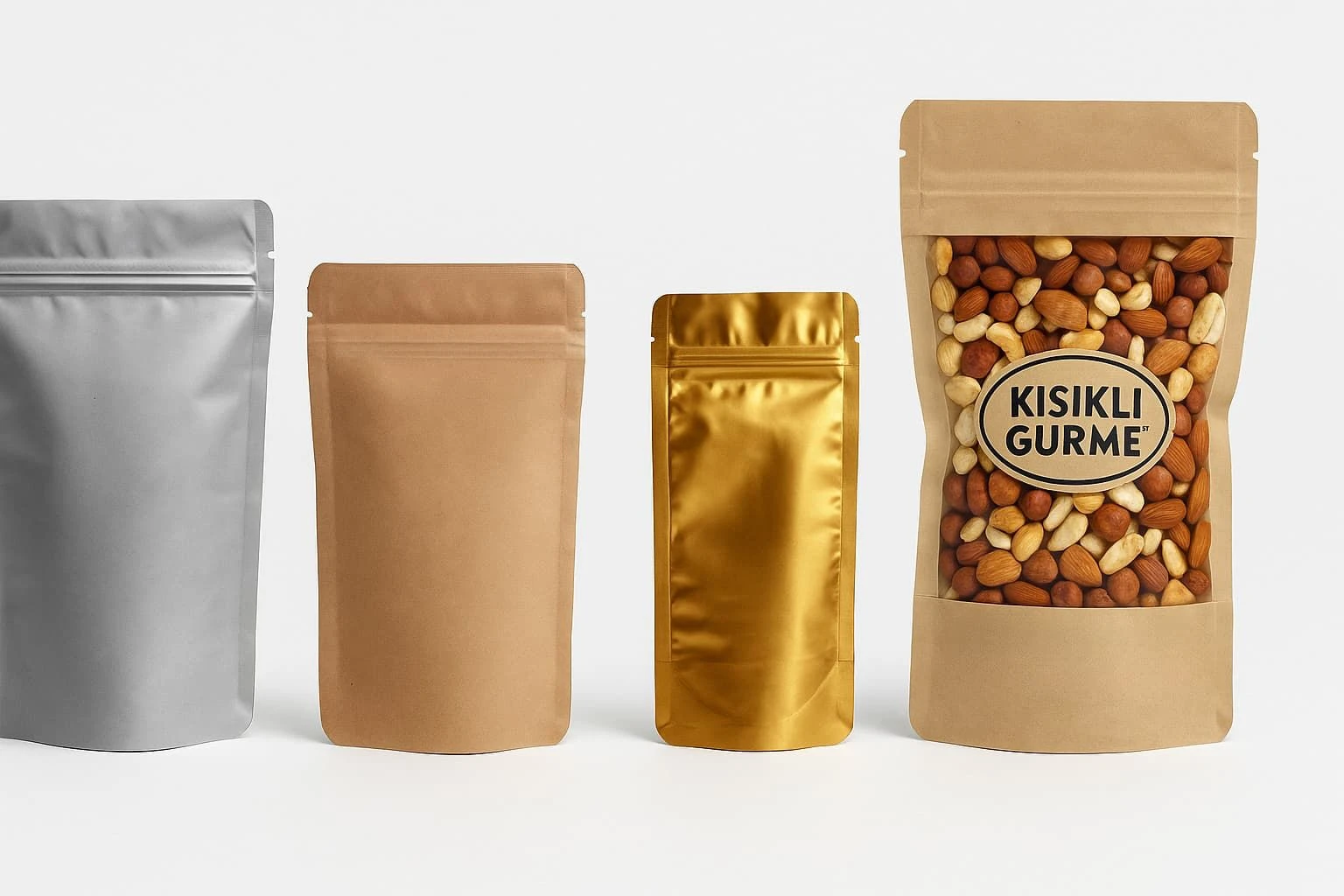 Farklı renk ve boyutlarda doypack poşetler, sağda karışık kuruyemiş dolu pencereli kraft ambalaj üzerinde KISIKLI GURME etiketiyle