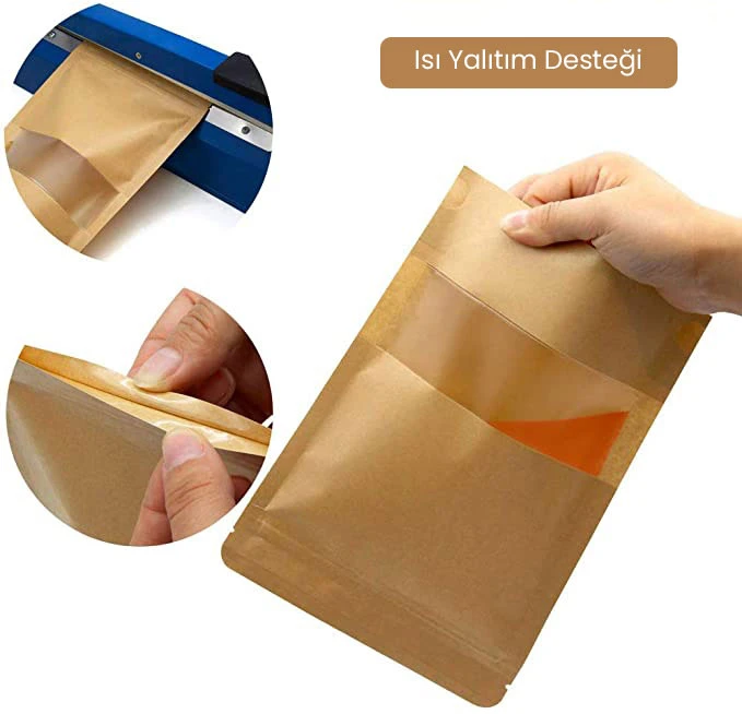 Isı yalıtım destekli şeffaf pencereli kraft doypack poşet, elle açılırken ve ısıyla kapatılırken gösteriliyor