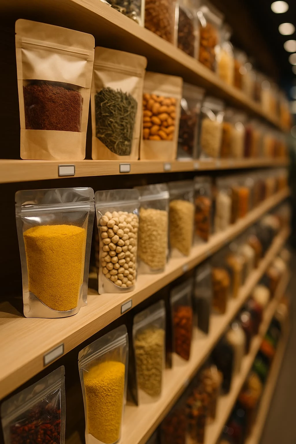 Bir market rafında farklı boyut ve türlerde şeffaf ve kraft kağıt doypack poşetler içinde çeşitli gıda ürünleri düzenli şekilde dizilmiş