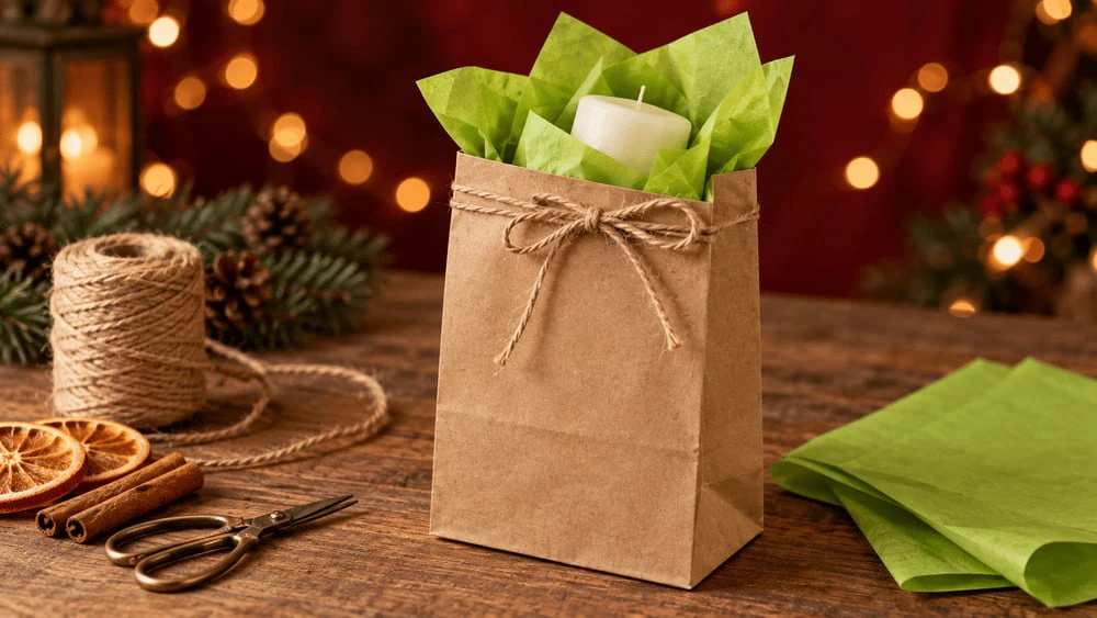 Yeşil pelur kağıda sarılmış beyaz mumun kraft kağıt torbaya yerleştirildiği, jüt ip, makas ve yılbaşı süsleriyle hazırlanmış hediye paketleme sahnesi.
