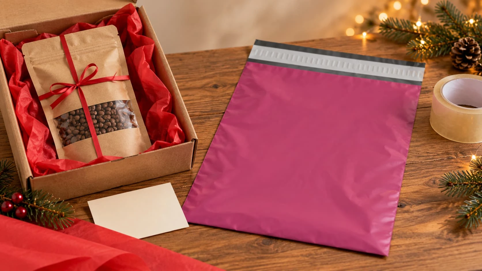 Kraft doypack kahve paketi ve kırmızı pelur kağıtla hazırlanmış hediye kutusunun yanında bordo kargo poşeti bulunan yılbaşı temalı gönderi hazırlama sahnesi.