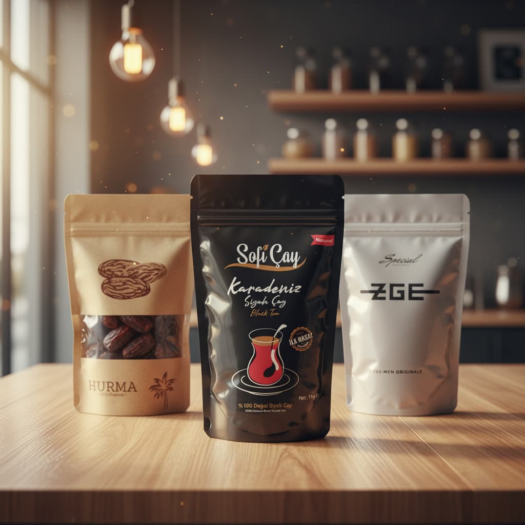 Ahşap tezgah üzerinde üç farklı doypack ambalaj; hurma, siyah çay ve gıda ürünü paketlerinin birlikte sergilendiği ürün fotoğrafı