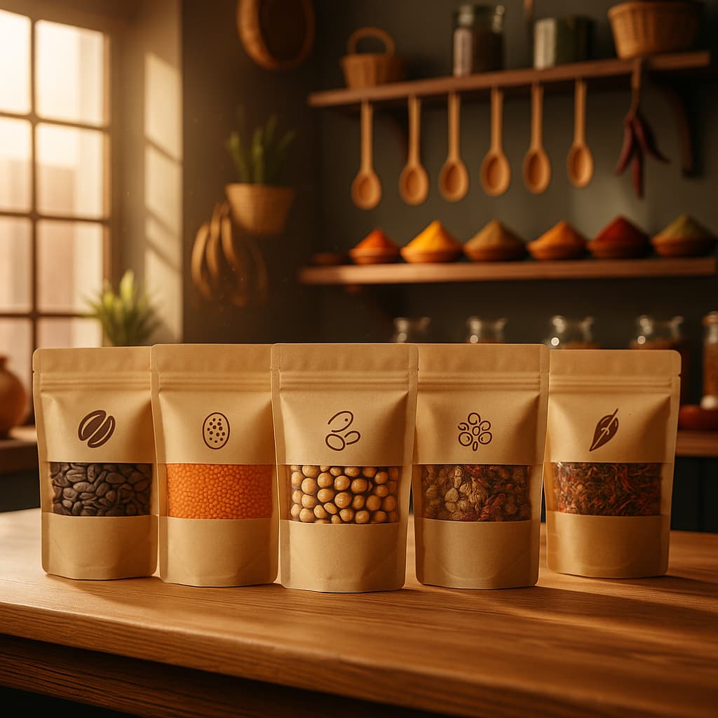 Mutfak tezgahında yan yana dizilmiş şeffaf pencereli kraft doypack ambalajlarda kahve çekirdeği, mercimek, bakliyat ve baharat çeşitleri